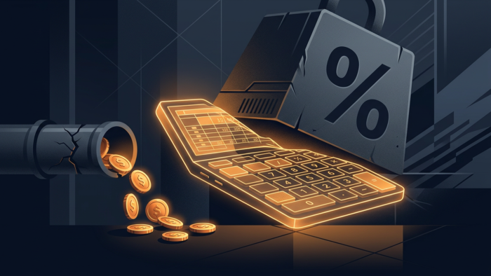 Glowing calculator beside a percent symbol, cracked pipe, and falling coins