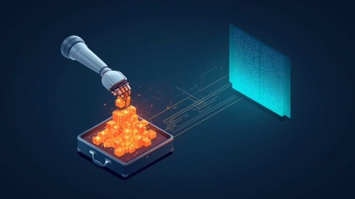 Isometric vector illustration of a robot arm pouring fragmented data into a briefcase, symbolizing the AI data readiness problem.
